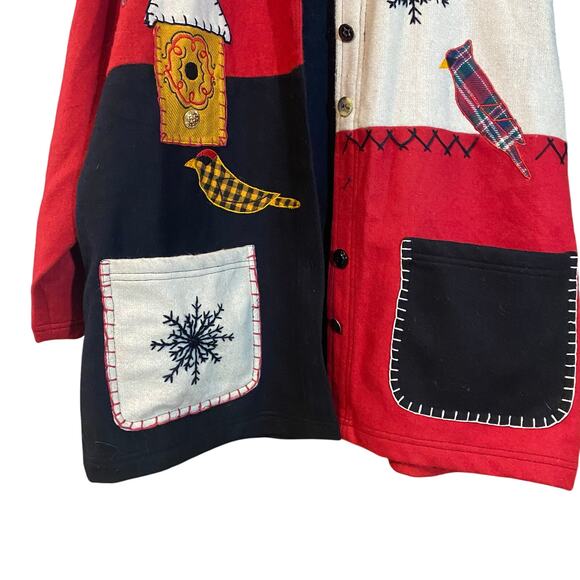 At Ease Wool Appliqué Winter Birds Patchwork Jacket 1X Missing Button vintage - Picture 4 of 8
